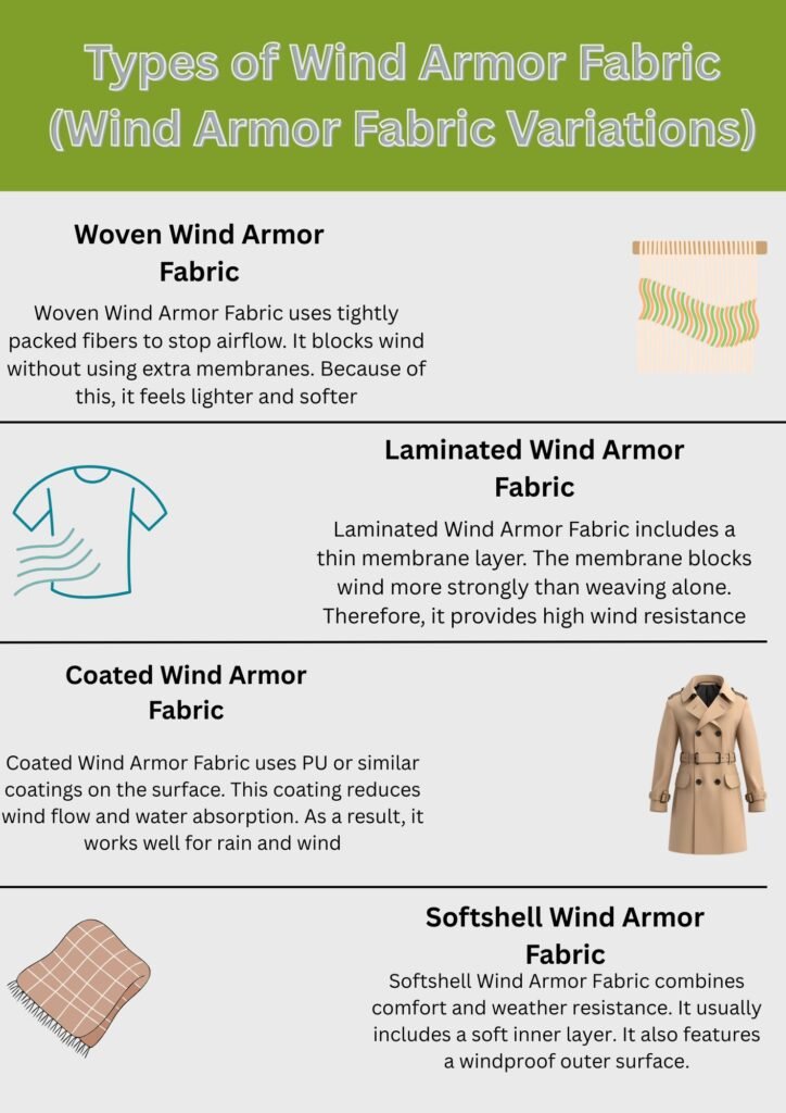 Alt text: An infographic titled "Types of Wind Armor Fabric (Wind Armor Fabric Variations)" showing four fabric types with simple illustrations and descriptions.Wind Armor Fabric:
