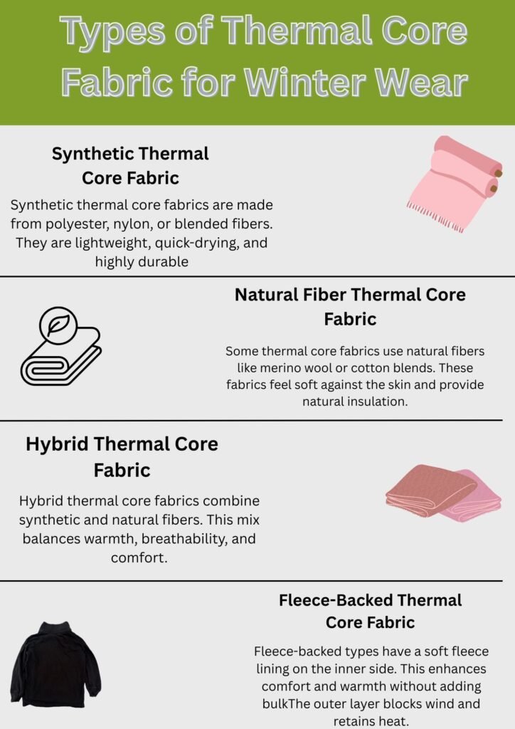 What Is Thermal Core Fabric for Winter Wear? Complete Guide 8 Alt text: A simple infographic titled "Types of Thermal Core Fabric for Winter Wear" with four sections and small illustrations.
What Is Thermal Core Fabric for Winter Wear?