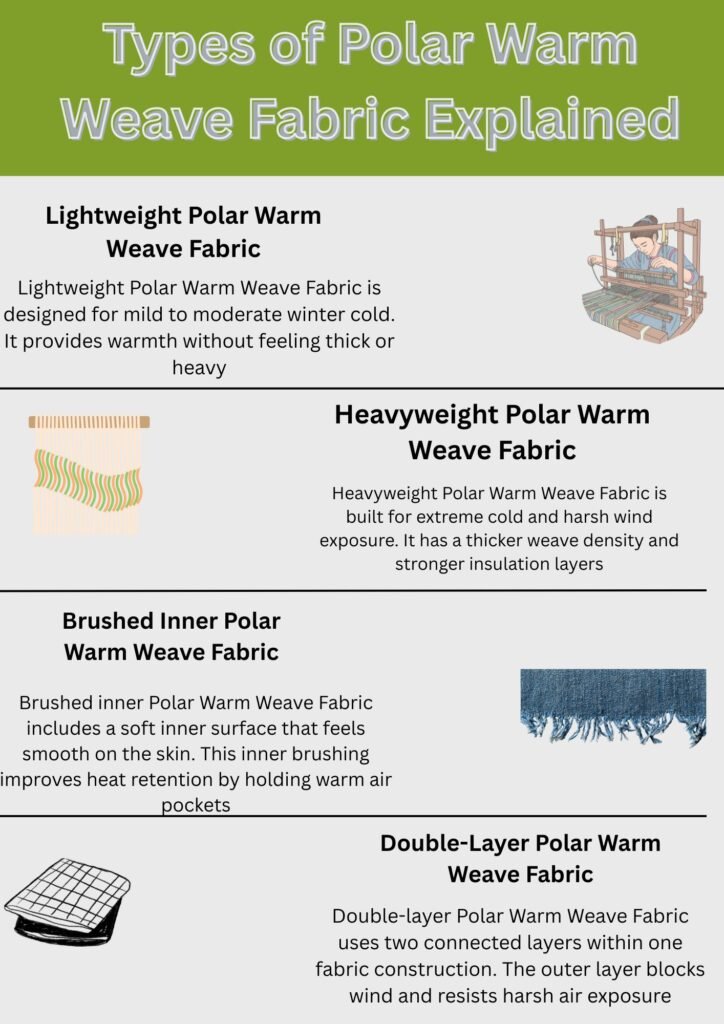 Alt text: A colorful infographic titled "Types of Polar Warm Weave Fabric Explained" with four sections: Lightweight Polar Warm Weave Fabric, Heavyweight Polar Warm Weave Fabric, Brushed Inner Polar Warm Weave Fabric, and Double-Layer Polar Warm Weave Fabric. Each section includes a small illustration and descriptive text on a light gray background with a green header.
Polar Warm Weave Fabric Explained:
