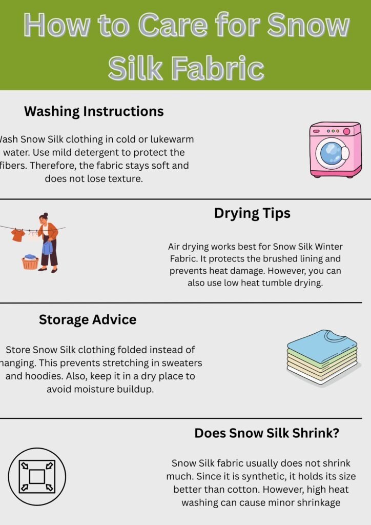 Snow Silk Winter Fabric: The Future of Cold-Weather Comfort 11 Alt text (short, screen-reader friendly): A small instructional infographic titled “How to Care for Snow Silk Fabric,” with sections on Washing Instructions, Drying Tips, Storage Advice, and Does Snow Silk Shrink?.
Snow Silk Winter Fabric: