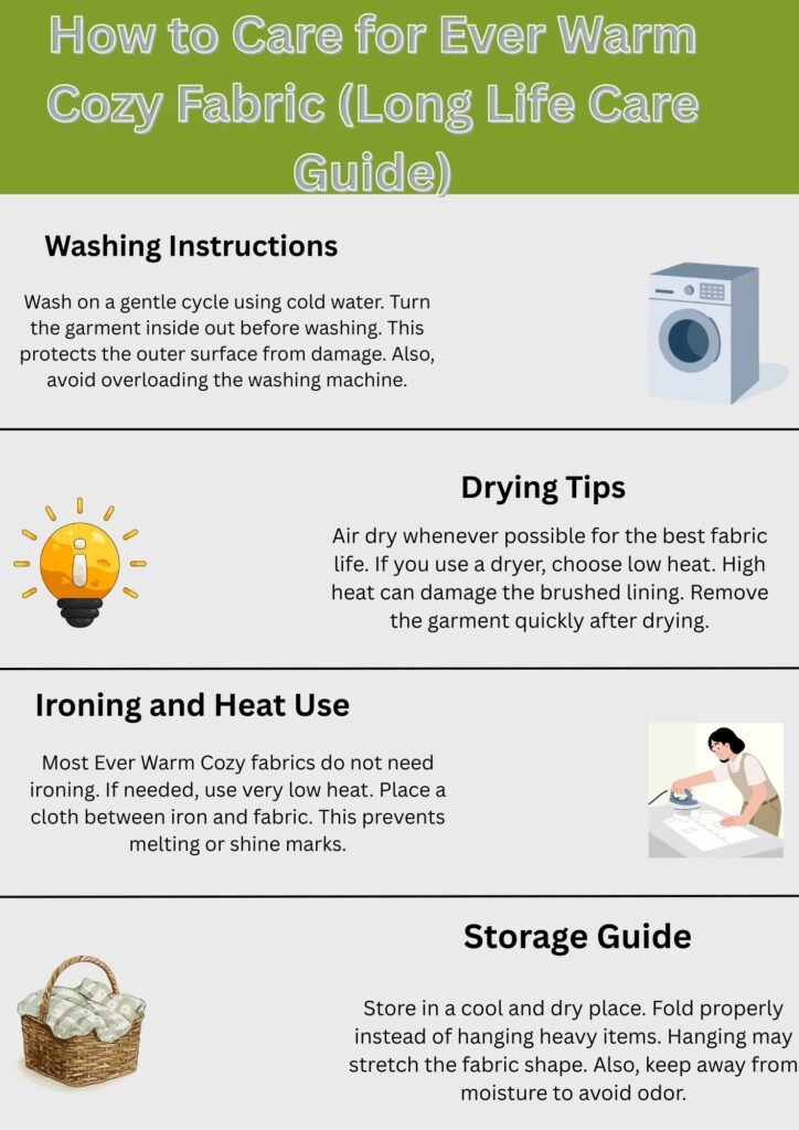 Alt text: Infographic titled “How to Care for Ever Warm Cozy Fabric (Long Life Care Guide)” with four sections: Washing Instructions (washing machine icon), Drying Tips (light bulb icon), Ironing and Heat Use (person ironing icon), and Storage Guide (basket with folded fabrics icon). Each section contains brief care tips.

Ever Warm Cozy Fabric Guide: