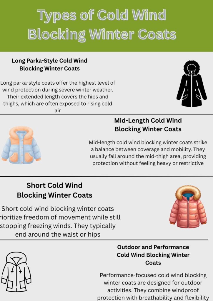 Cold Wind Blocking Winter Coat: Built to Stop Freezing Winds 7 Alt text: An infographic titled “Types of Cold Wind Blocking Winter Coats” showing four coat categories with simple illustrations: Long Parka-Style, Mid-Length, Short Cold Wind Blocking, and Outdoor Performance coats, each with descriptive text and a small icon or image.
Cold Wind Blocking Winter Coat