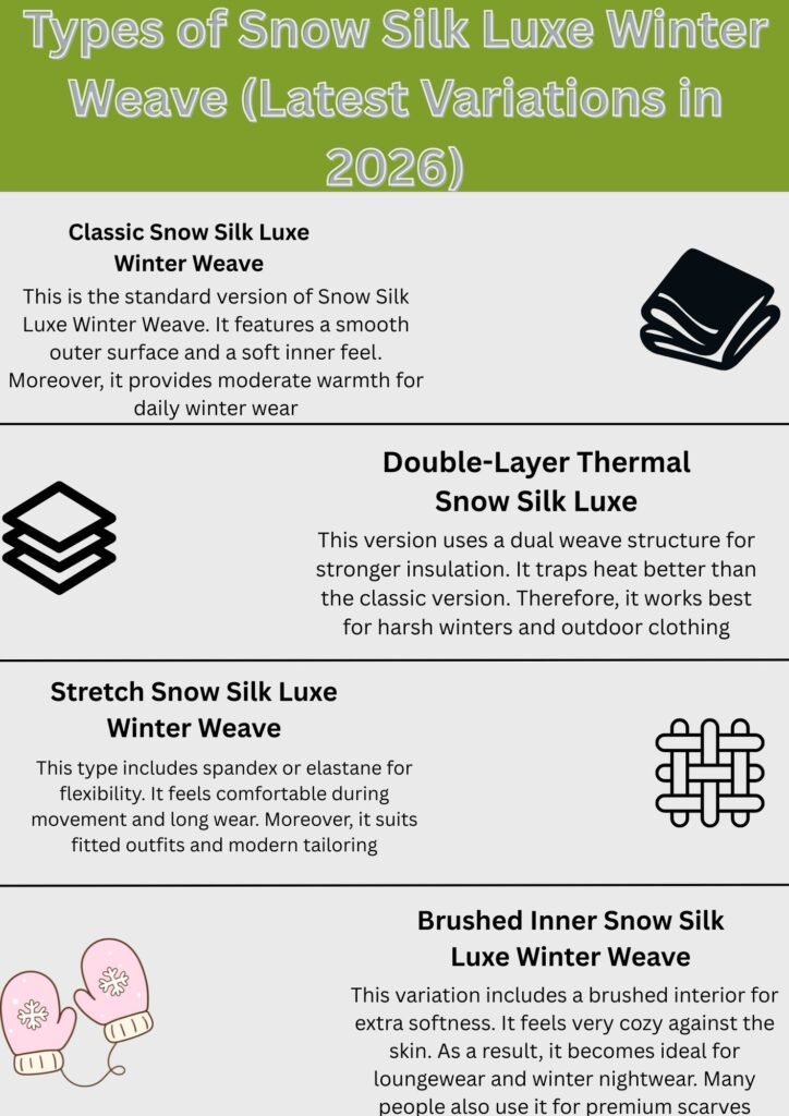 Alt text: A page from a document titled "Types of Snow Silk Luxe Winter Weave (Latest Variations in 2026)" showing sections for Classic, Double-Layer Thermal, Stretch, and Brushed Inner Snow Silk Luxe Winter Weave with small graphics.
Snow Silk Luxe Winter Weave: