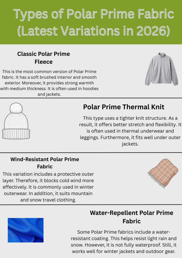 Alt text: Infographic titled “Types of Polar Prime Fabric (Latest Variations in 2026)” showing four fabric types with icons: Classic Polar Prime Fleece, Polar Prime Thermal Knit, Wind-Resistant Polar Prime Fabric, and Water-Repellent Polar Prime Fabric, each with descriptive text.

Polar Prime Fabric Guide:
