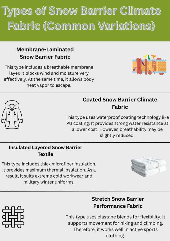 What Is Snow Barrier Climate Fabric? Features & Uses Details 7 Alt text: An infographic titled "Types of Snow Barrier Climate Fabric (Common Variations)" showing four fabric types with icons and short descriptions: Membrane-Laminated Snow Barrier Fabric, Coated Snow Barrier Climate Fabric, Insulated Layered Snow Barrier Textile, and Stretch Snow Barrier Performance Fabric.
What Is Snow Barrier Climate Fabric?