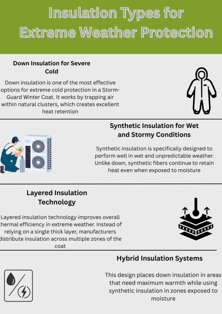 Alt text: An infographic titled “Insulation Types for Extreme Weather Protection” with four sections: Down Insulation for Severe Cold (with a person in a suit icon), Synthetic Insulation for Wet and Stormy Conditions (with an air conditioner illustration), Layered Insulation Technology (with a layered material icon), and Hybrid Insulation Systems (with a moisture/thermal icon). Section dividers separate each part on a light gray background.

Storm-Guard Winter Coat: