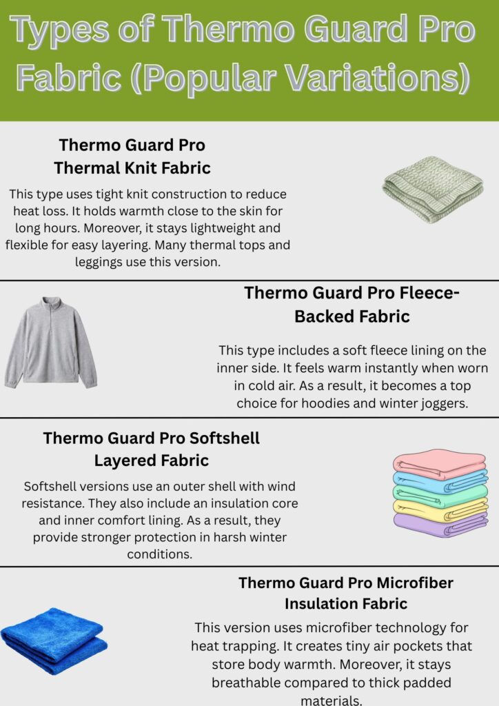 Alt text: Informational infographic titled "Types of Thermo Guard Pro Fabric (Popular Variations)" showing four fabric types: Thermal Knit, Fleece-Backed, Softshell Layered, and Microfiber Insulation, with descriptions and small illustrations.
What Is Thermo Guard Pro Fabric?