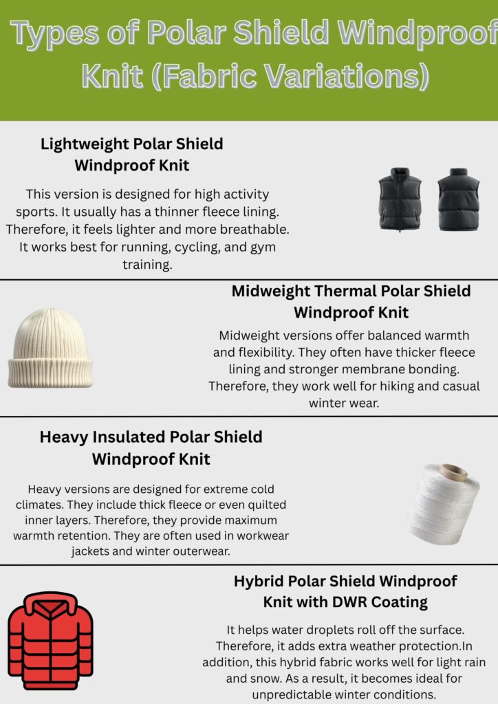 Alt text: An infographic titled "Types of Polar Shield Windproof Knit (Fabric Variations)" showing four fabric variations with brief descriptions and small representative images: Lightweight, Midweight Thermal, Heavy Insulated, and Hybrid with DWR coating.

Polar Shield Windproof Knit Explained: