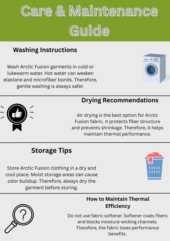 What Is Arctic Fusion Tech Fabric? Features, Benefits & Uses 12 Alt text: An infographic titled "Care & Maintenance Guide" with sections for Washing Instructions, Drying Recommendations, Storage Tips, and How to Maintain Thermal Efficiency. Each section includes a short tip and an accompanying icon (washing machine, trophy/award, laundry basket, magnifying glass).
What Is Arctic Fusion Tech Fabric?