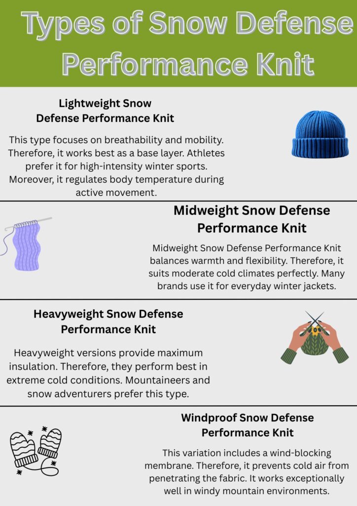 An infographic titled "Types of Snow Defense Performance Knit," divided into four sections: Lightweight, Midweight, Heavyweight, and Windproof, each with descriptions and small illustrations of winter garments.
Snow Defense Performance Knit: