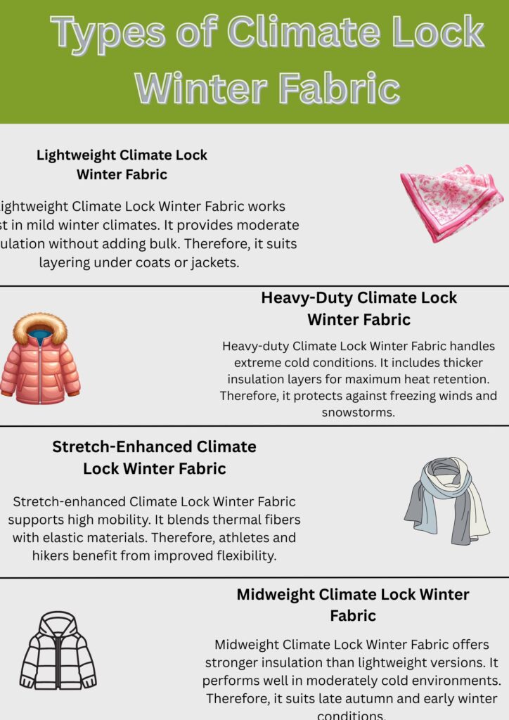 Climate Lock Winter Fabric: The Ultimate Winter Protections 6 Infographic titled "Types of Climate Lock Winter Fabric" with four sections: Lightweight, Heavy-Duty, Stretch-Enhanced, and Midweight, each with a short description and an accompanying clothing icon.
Climate Lock Winter Fabric: