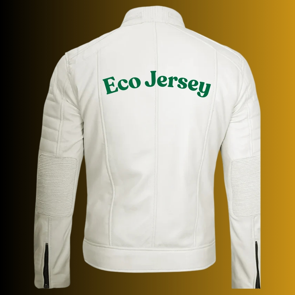 Luxury Dressed leather Jacket for MEN 3 White leather jacket viewed from the back with green 'Eco Jersey' text across the upper back; black-to-gold gradient background