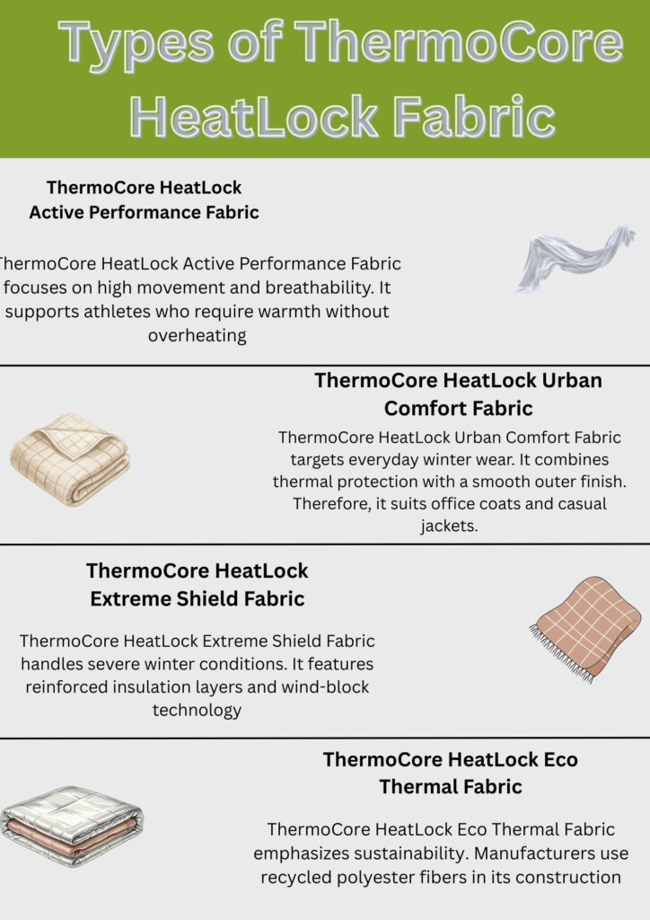 ThermoCore HeatLock Fabric: Advanced Winter Heat Protection 7 Alt text: A poster titled "Types of ThermoCore HeatLock Fabric" showcasing four fabric types with small illustrative icons: Active Performance, Urban Comfort, Extreme Shield, and Eco Thermal, plus brief descriptions.ThermoCore HeatLock Fabric: