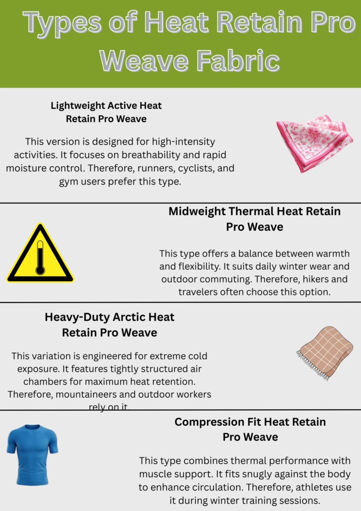 What Is Heat Retain Pro Weave Fabric? Uses & Benefits Guide 7 Alt text: An infographic titled "Types of Heat Retain Pro Weave Fabric" showing four fabric categories with brief descriptions: Lightweight Active, Midweight Thermal, Heavy-Duty Arctic, and Compression Fit, each paired with a small representative image.
What Is Heat Retain Pro Weave Fabric?