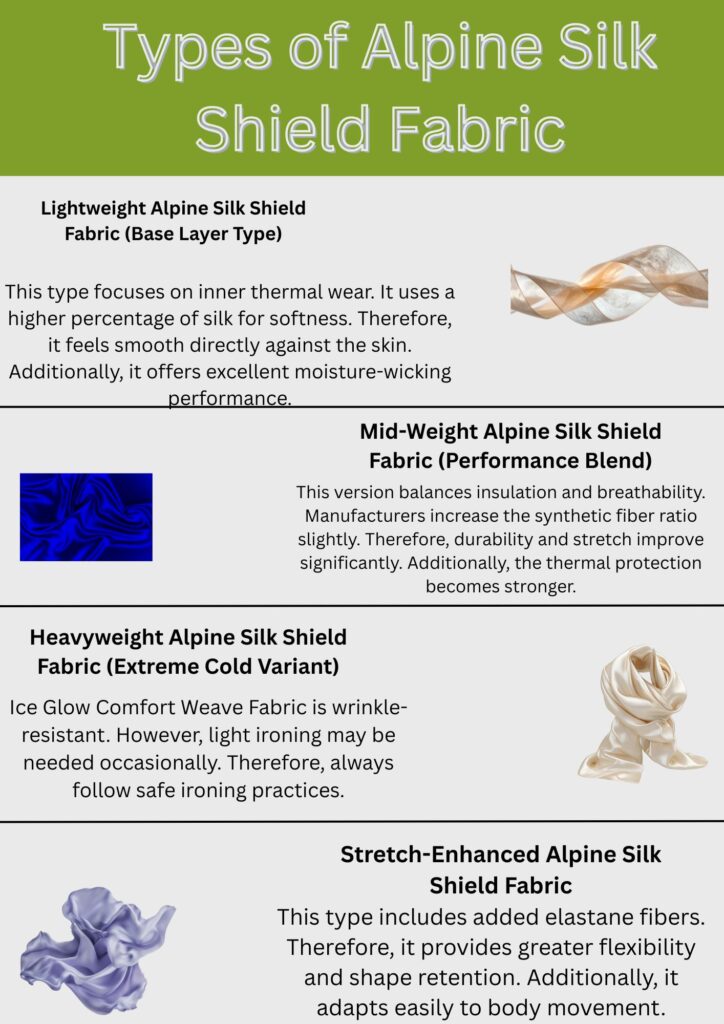 Alt text: An infographic showing four types of Alpine Silk Shield Fabric—Lightweight, Mid-Weight, Heavyweight, and Stretch-Enhanced—each with a small fabric texture image and descriptive text on a light gray background with green header.
Alpine Silk Shield Fabric: