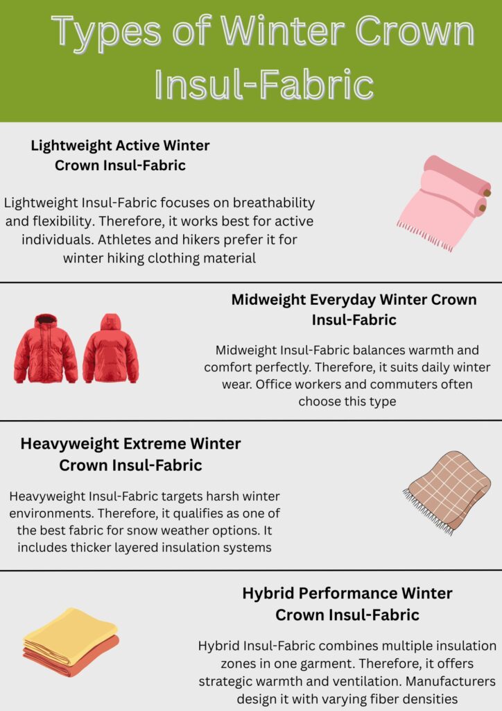 Winter Crown Insul-Fabric Guide: Benefits, Features & Uses 8 An infographic titled “Types of Winter Crown Insul-Fabric” showing four fabric types in a vertical layout:
Lightweight Active Winter Crown Insul-Fabric with a rolled pink fabric image and a description about breathability for active wear.
Midweight Everyday Winter Crown Insul-Fabric with two red jackets and a description about balanced warmth for daily wear.
Heavyweight Extreme Winter Crown Insul-Fabric with a folded brown and beige plaid fabric and a description about protection in harsh winter conditions.Winter Crown Insul-Fabric Guide: