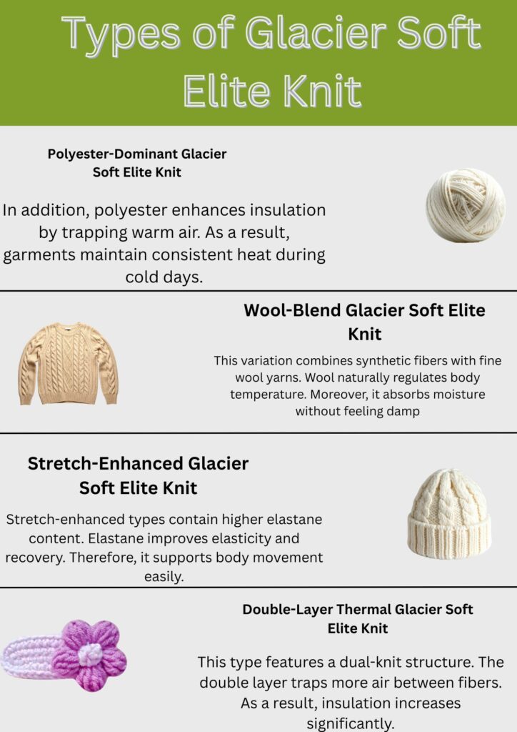 "Infographic titled Types of Glacier Soft Elite Knit, showing four knit types: Polyester-Dominant with a ball of yarn, Wool-Blend with a sweater, Stretch-Enhanced with a knitted hat, and Double-Layer Thermal with a knitted headband and purple flower."

Glacier Soft Elite Knit Explained: