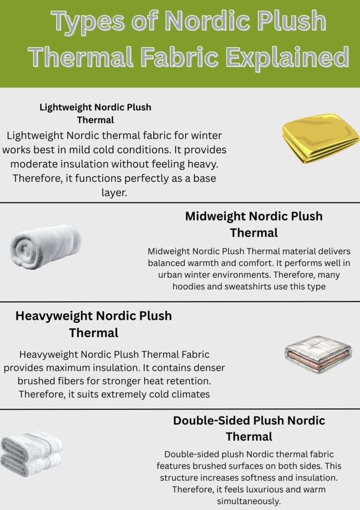 An infographic titled “Types of Nordic Plush Thermal Fabric Explained” showing four fabric types: Lightweight Nordic Plush Thermal (base layer for mild cold), Midweight Nordic Plush Thermal (balanced warmth for urban winter), Heavyweight Nordic Plush Thermal (maximum insulation for extremely cold climates), and Double-Sided Plush Nordic Thermal (brushed surfaces on both sides for luxurious warmth). Each section includes a small illustration of the fabric.
Nordic Plush Thermal Fabric Explained: