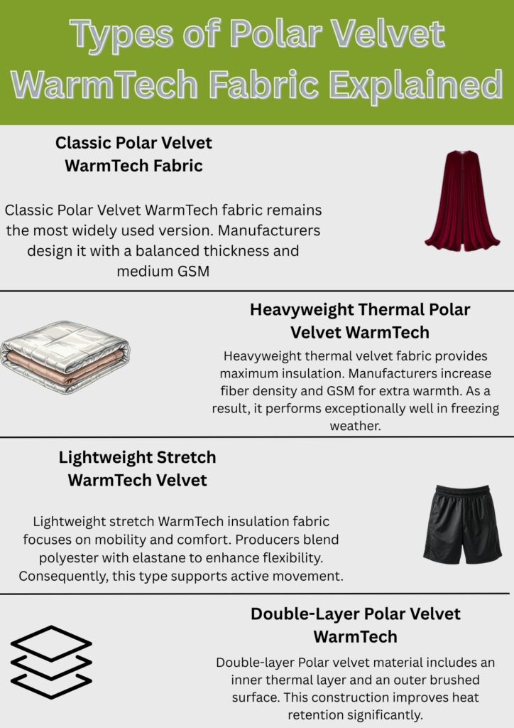 Infographic titled “Types of Polar Velvet WarmTech Fabric Explained” with four sections: Classic Polar Velvet (red robe), Heavyweight Thermal Polar Velvet (blanket), Lightweight Stretch WarmTech Velvet (black shorts), and Double-Layer Polar Velvet WarmTech (stack of fabric layers).
Polar Velvet WarmTech Fabric Explained: