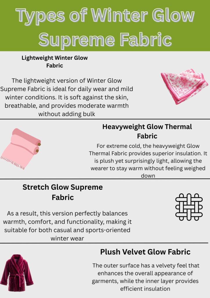 Winter Glow Supreme Fabric: High-Performance Winter Textile 8 An infographic titled “Types of Winter Glow Supreme Fabric” showing four fabric types: Lightweight Winter Glow Fabric, Heavyweight Glow Thermal Fabric, Stretch Glow Supreme Fabric, and Plush Velvet Glow Fabric. Each type has a brief description and a small accompanying image.
Winter Glow Supreme Fabric: