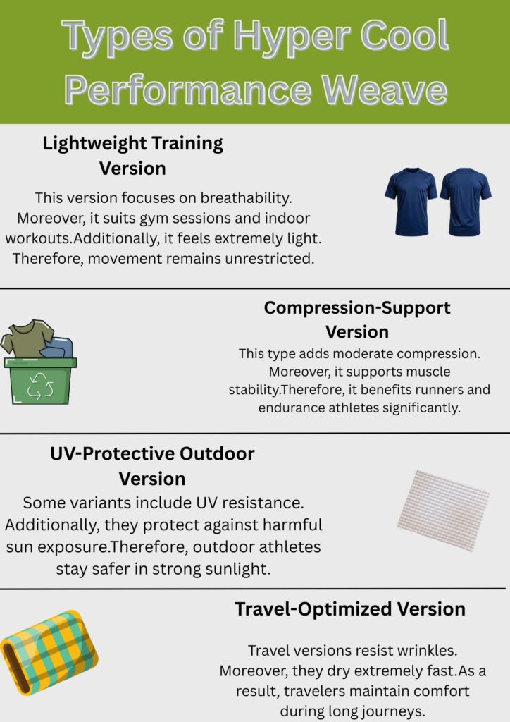 A four-version product info sheet for Hyper Cool Performance Weave clothing: Lightweight Training, Compression-Support, UV-Protective Outdoor, and Travel-Optimized versions, each with a simple illustration.
Hyper Cool Performance Weave Explained: