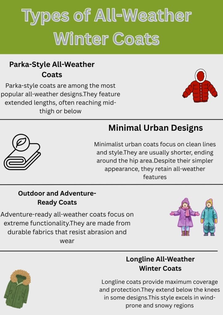 All-Weather Winter Coat: Protection From Rain, Snow & Wind 8 Alt text: An infographic titled “Types of All-Weather Winter Coats” showing four coat styles: Parka-Style All-Weather Coats with an illustration of a red parka; Minimal Urban Designs with a rolled-up towel icon; Outdoor and Adventure-Ready Coats with two children in winter outfits; and Longline All-Weather Winter Coats with a green long coat illustration. Each section includes a brief descriptive paragraph.
All-Weather Winter Coat: