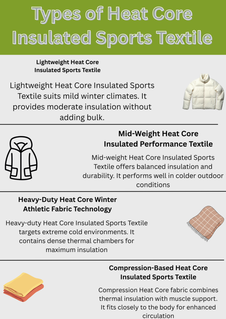 An infographic titled “Types of Heat Core Insulated Sports Textile” showing four textile types: Lightweight (white puffer jacket), Mid-Weight (line drawing of a hooded jacket), Heavy-Duty (tan checkered blanket), and Compression-Based (folded orange and yellow towels). Each type has a brief description of its insulation and use.
Heat Core Insulated Sports Textile: