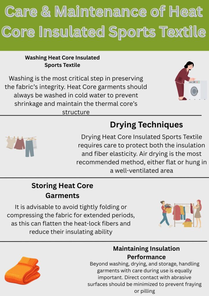 An informational infographic titled “Care & Maintenance of Heat Core Insulated Sports Textile.” It covers four sections: Washing, Drying Techniques, Storing Heat Core Garments, and Maintaining Insulation Performance, with small illustrations for each section.Heat Core Insulated Sports Textile:

