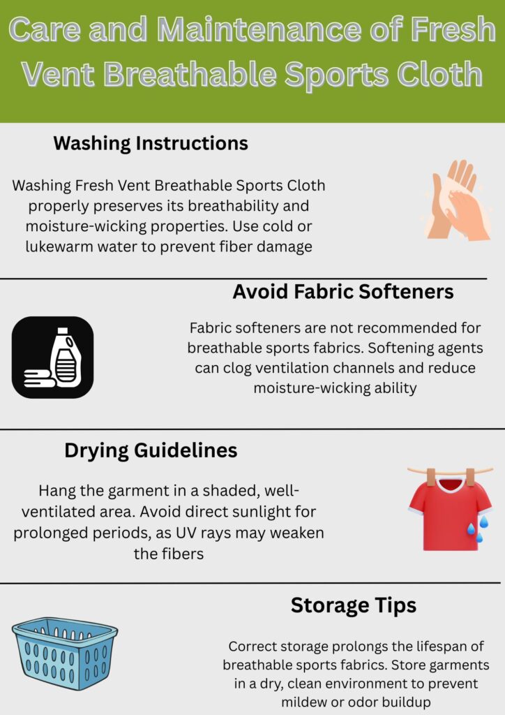 Fresh Vent Breathable Sports Cloth: Stay Cool While Active 12 "Infographic titled 'Care and Maintenance of Fresh Vent Breathable Sports Cloth' with four sections: Washing Instructions, Avoid Fabric Softeners, Drying Guidelines, and Storage Tips. Each section includes brief guidance and a small icon."
Fresh Vent Breathable Sports Cloth: