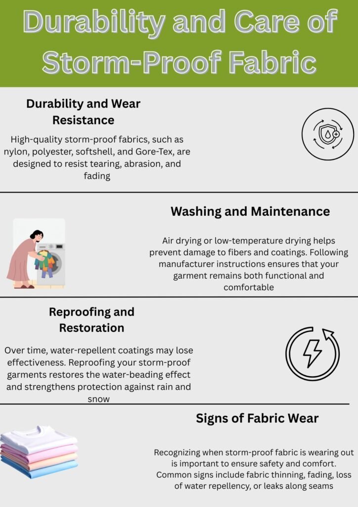 Alt text: "Infographic titled 'Durability and Care of Storm-Proof Fabric' with four sections: Durability and Wear Resistance, Washing and Maintenance, Reproofing and Restoration, and Signs of Fabric Wear, each with icons and brief descriptions."
Does Storm-Proof Fabric: