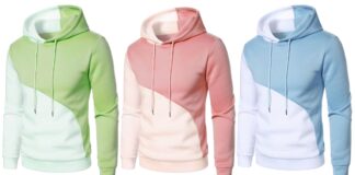 Athletic Zip-Up Hoodies: Comfort, Style & Performance Today Three two-tone hooded sweatshirts in green, pink, and light blue, each with a diagonal color block and drawstrings, displayed against a white background.