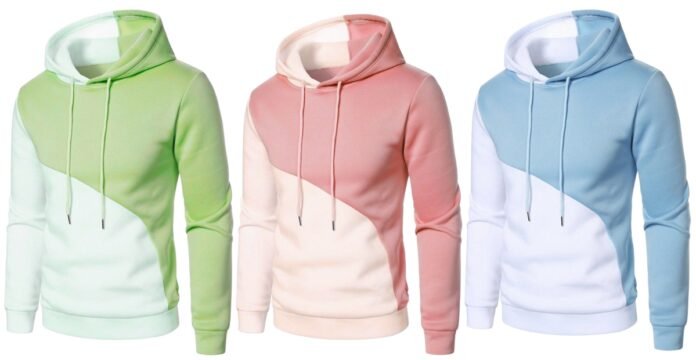 Three two-tone hooded sweatshirts in green, pink, and light blue, each with a diagonal color block and drawstrings, displayed against a white background.