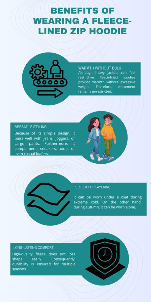 Fleece-Lined Zip Hoodie for Ultimate Winter Comfort 4 An infographic titled โBenefits of Wearing a Fleece-Lined Zip Hoodieโ showing four circular icons with teal banners describing each benefit: warmth without bulk (with a gear/tactory icon), versatile styling (two people wearing hoodies), perfect for layering (a stylized fabric icon), and long-lasting comfort (a shield/quality badge).