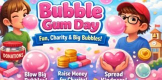 Bubble Gum Day: History, Meaning & Fun Ways to Celebrate A colorful promotional illustration for “Bubble Gum Day” showing two children blowing pink bubble gum bubbles, a donations jar, coins, and gum pieces, with a school in the background and the text “Bubble Gum Day” and “Fun, Charity & Big Bubbles!”