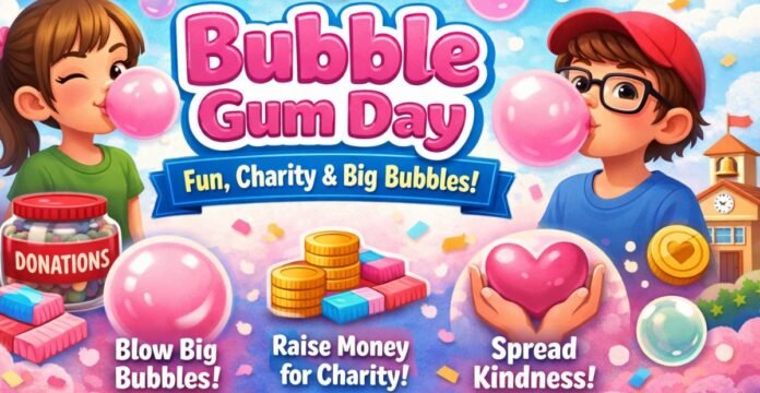 A colorful promotional illustration for “Bubble Gum Day” showing two children blowing pink bubble gum bubbles, a donations jar, coins, and gum pieces, with a school in the background and the text “Bubble Gum Day” and “Fun, Charity & Big Bubbles!”