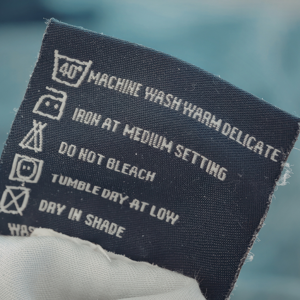 A close-up view of a dark blue fabric care label with white washing symbols and instructions, held by a white cloth; the label shows frayed edges.