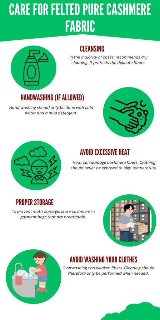 Infographic titled 'Care for Felted Pure Cashmere Fabric' with five circular icons and tips: Cleansing, Handwashing (If Allowed), Avoid Excessive Heat, Proper Storage, and Avoid Washing Your Clothes.