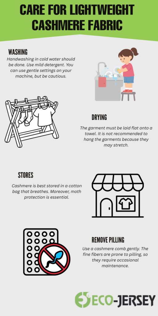 Vertical infographic titled “CARE FOR LIGHTWEIGHT CASHMERE FABRIC” with four sections: Washing (girl washing clothes), Drying (garment laid flat on a towel), Stores (storefront with a t-shirt), and Remove Pilling (pill remover icon). The design uses a grey background, a lime green title bar, and a green logo at the bottom.
