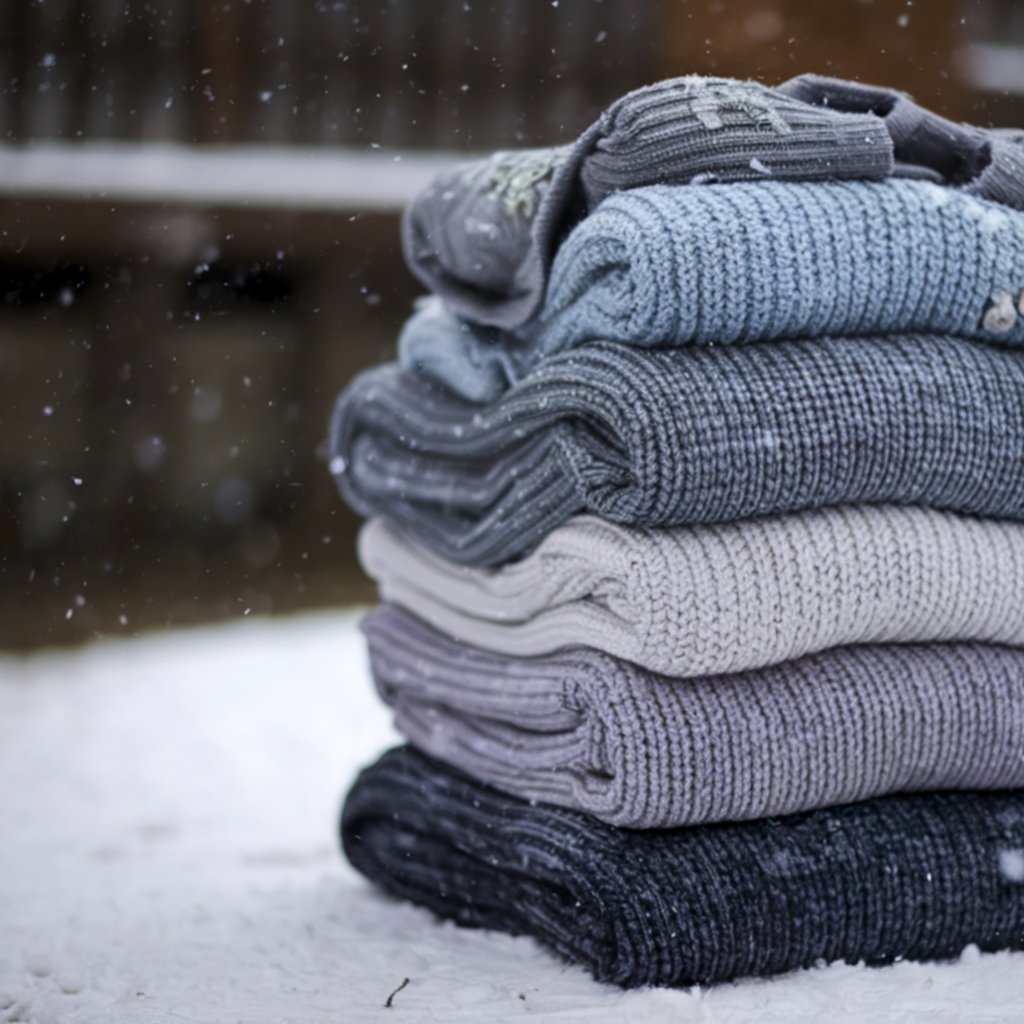 Classic Full-Zip Hoodie: Timeless Style & Everyday Comfort 3 Stack of folded knitted sweaters in shades of gray and blue on a snowy surface with light snowfall in the background.
