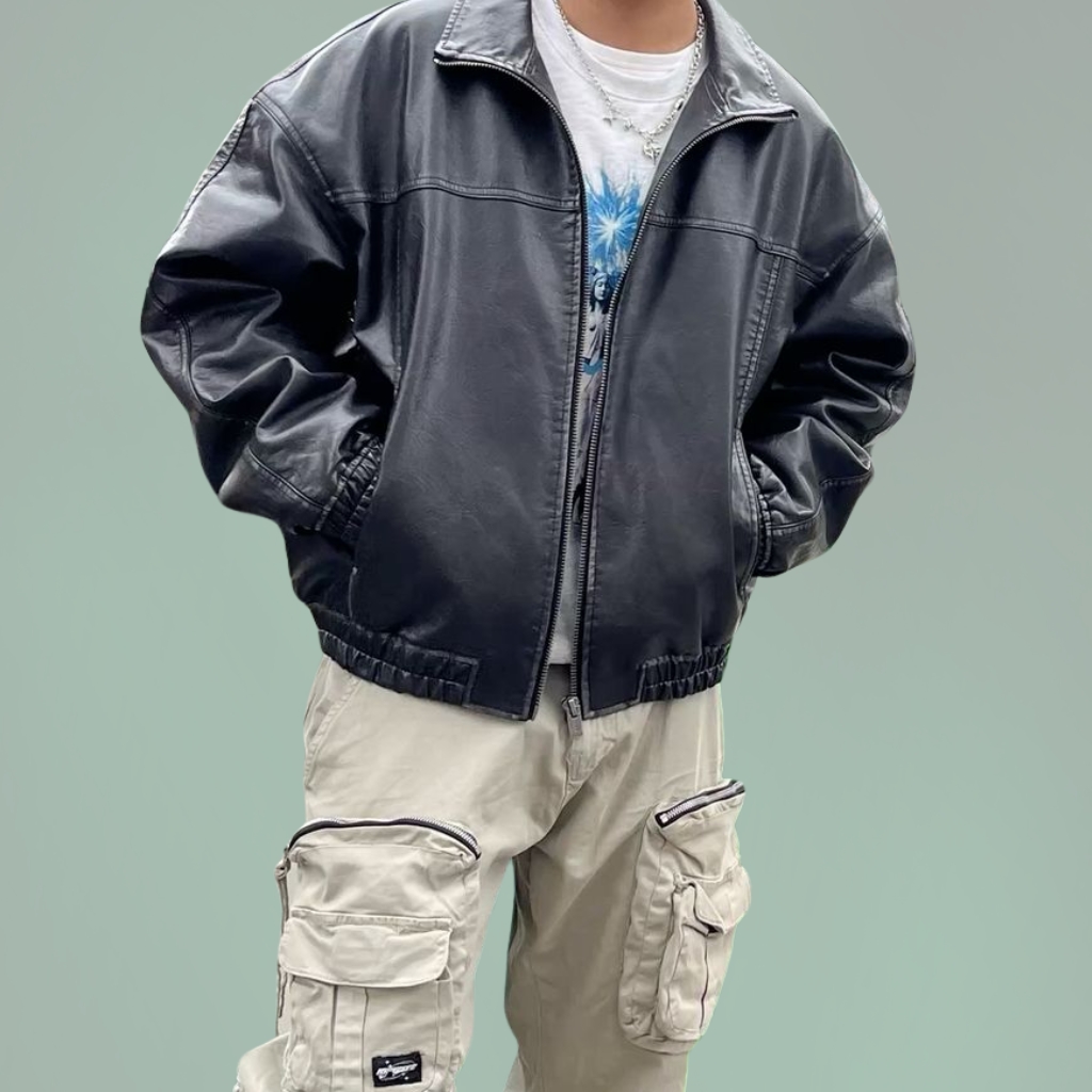 Cargo Leather Jacket For Everyday Utility Fashion 22 Brown leather cargo jacket with multiple pockets, zipper closure, and rugged hardware.