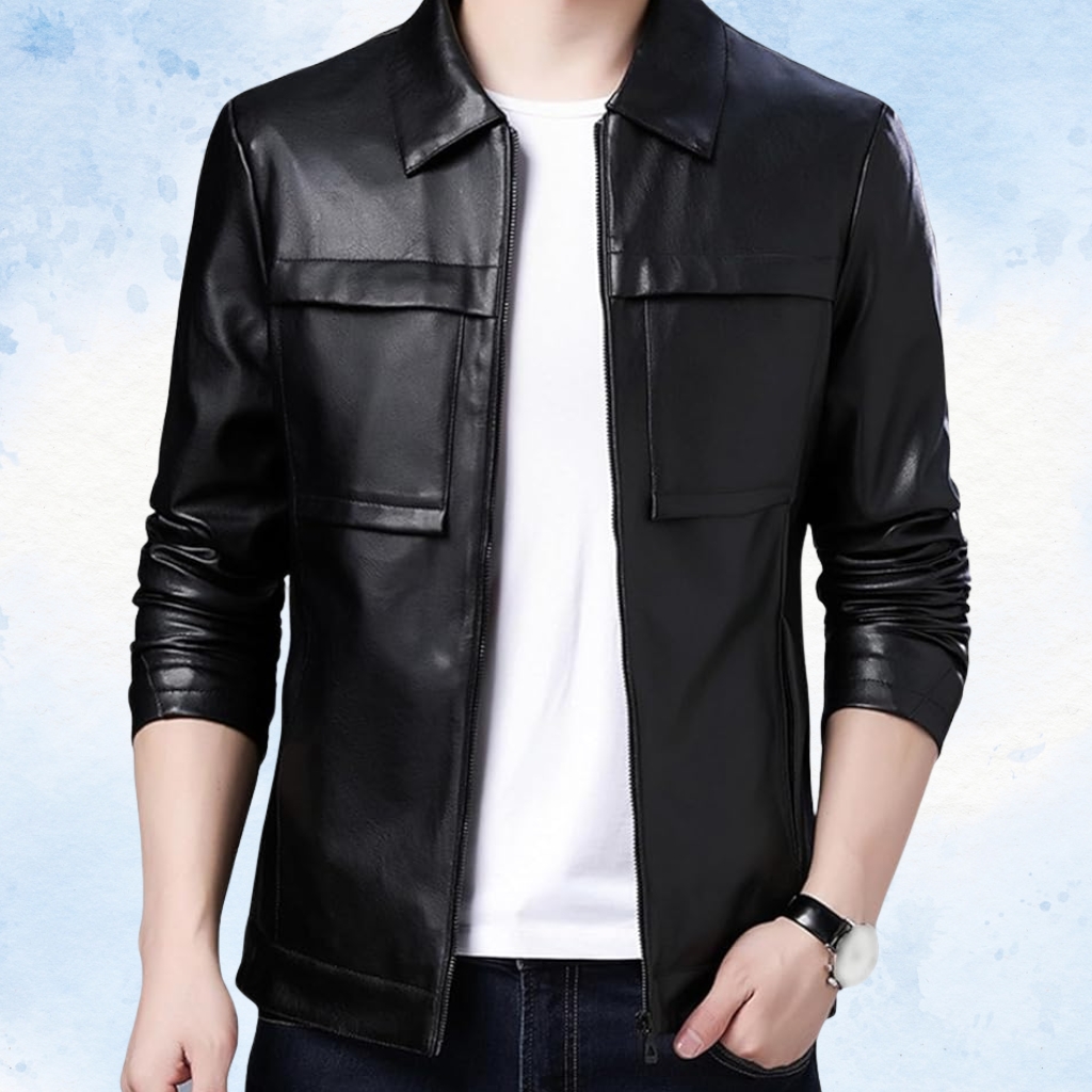 A rugged cargo leather jacket in [color], featuring multiple front pockets, a zip and snap closure, and reinforced stitching.
