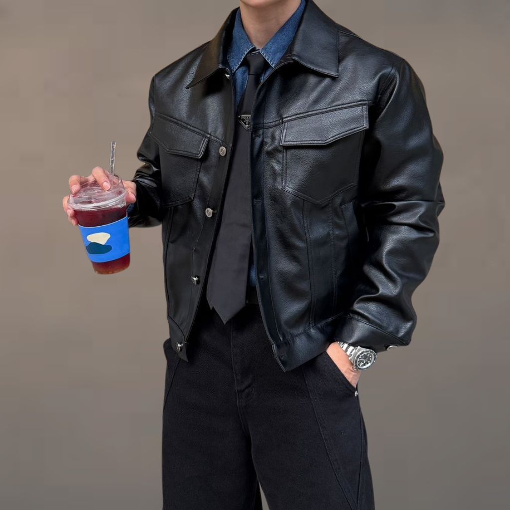 Cargo Leather Jacket For Everyday Utility Fashion 23 A rugged cargo leather jacket in dark brown, featuring multiple functional pockets on the chest and sides, a front zipper, and a sturdy collar.