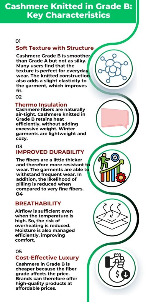 Knitted Grade B Cashmere Fabric An infographic titled “Cashmere Knitted in Grade B: Key Characteristics” listing five features with icons: Soft Texture with Structure, Thermo Insulation, Improved Durability, Breathability, and Cost-Effective Luxury.
