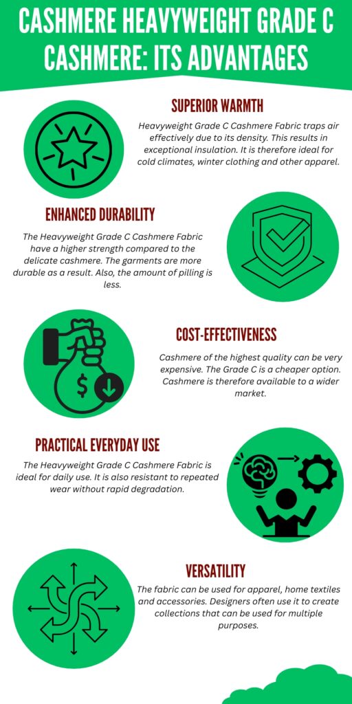 Heavyweight Grade C Cashmere Fabric: Complete Guide 3 An infographic titled “Cashmere Heavyweight Grade C – Cashmere: Its Advantages” with green circular icons and sections describing warmth, durability, cost-effectiveness, everyday use, and versatility.