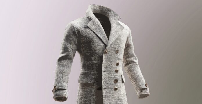 Chesterfield Single-Breasted Overcoat A full-view image of a light gray double-breasted Chesterfield overcoat with wide lapels and multiple brown buttons, set against a gradient pink-to-gray background.