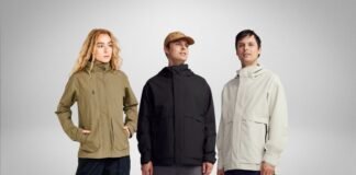 CityTrek Jacket: The Perfect Urban Companion for Everyday Adventures Three people stand side by side wearing hooded jackets in olive green, black, and light beige against a gradient gray background. The person on the left has long blonde hair and hands in pockets; the person in the middle wears a tan cap; the person on the right has dark hair.
