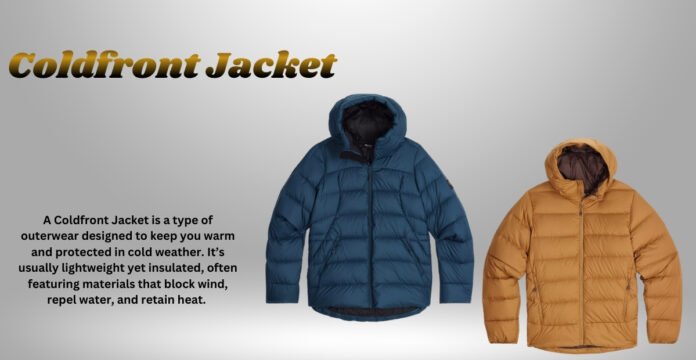 Two Coldfront Jacket jackets, dark blue and tan, displayed side-by-side on a gradient gray background with the text 'Coldfront Jacket' in the upper left corner.
