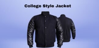 College Style Jacket: A Smart Fashion Choice for Campus Life Two college-style jackets displayed against a light blue background. The front jacket is navy with shiny black leather sleeves and a high collar, buttoned up. A second jacket in the background shows the same design.