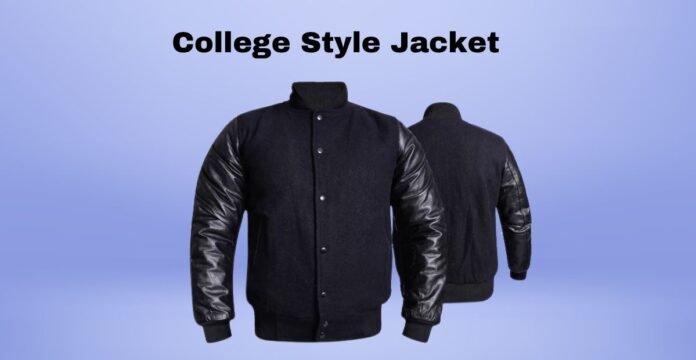Two college-style jackets displayed against a light blue background. The front jacket is navy with shiny black leather sleeves and a high collar, buttoned up. A second jacket in the background shows the same design.