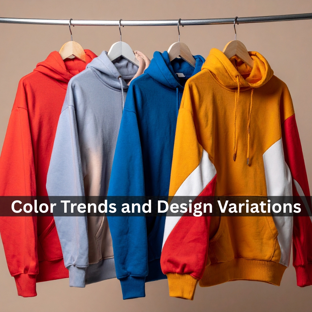 Four colorful hooded sweatshirts hanging on a rack, from left to right: red, light gray, blue, and a yellow-orange with red and white color blocks, against a neutral background.
